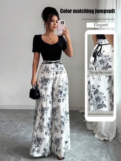 Islaluna Jumpsuit nữ dáng rộng phối màu color block, họa tiết hoa trắng, cổ sweetheart, tay ngắn, chi tiết patchwork và dây buộc, phong cách thanh lịch ngọt ngào cho mùa hè, phù hợp đi tiệc trà, đi làm, tiệc thường ngày và đám cưới