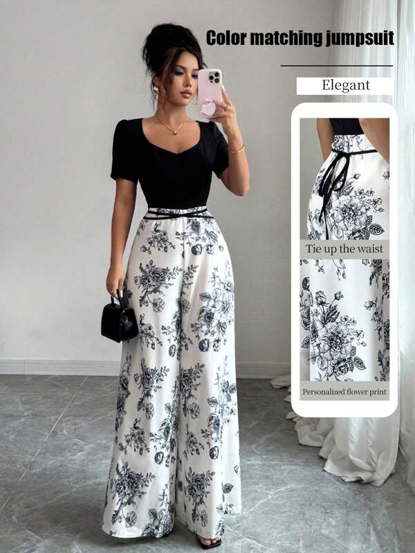 Islaluna Women's White Floral Summer Elegent Tea Party Sweetheart Neck Short Sleeve Patchwork Tie-Up Color Blocking Loose Jumpsuit,Casual Work Party Wedding