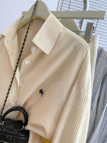 INAWLY 大码休闲通勤日常条纹长袖T恤 - 卡其色 - 查看 5