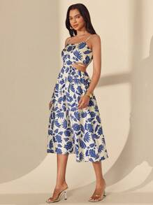 Almamuse Women Sleeveless Adjustable Strap Waist Hollow Out Floral Midi A-Line Dress - Blue - View 7