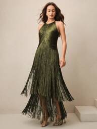 Anewsta Elegant Vintage Bohemian Tassel Maxi Dress, Suitable For Spring, Summer, Holidays, Festivals, Beaches, Parties, And Easter