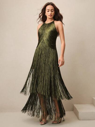 Anewsta Elegant Vintage Bohemian Tassel Maxi Dress, Suitable For Spring, Summer, Holidays, Festivals, Beaches, Parties, And Easter