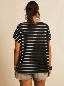 Freevana Áo thun cổ tròn tay ngắn họa tiết sọc cầu vồng Boho cỡ lớn, thường ngày khi đi nghỉ, dành cho mùa hè - Đen và trắng - Xem 2