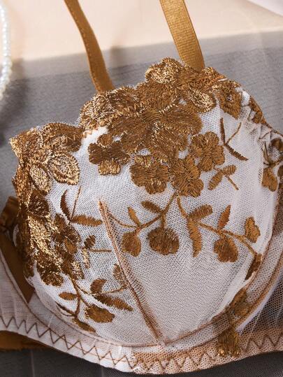 Semi Doorschijnende Coffee Bruin Bloemen Matching BH Slipje Set Everyday Elegance Kanten Lingerie Sets Panties Geborduurde view 6