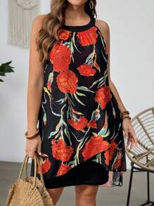 EMERY ROSE Plus Size Women Casual Mid-Length Mesh Patchwork Print Halter Neck Dress, Suitable For Casual Outdoor Wear, Summer - Multicolor - View 5