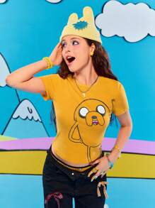 Adventure Time X ROMWE Camiseta ajustada con estampado gráfico lindo y divertido para mujeres, estilo Y2K - Amarillo - Ver 2
