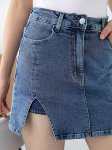 K-Vae Women's Summer Washed Blue Classic Hip Denim Skirt, Casual Split Denim Skirt, Graduation Season College Style, Daily School Commuting Skirt