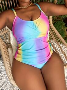 Slaydiva Plus Size Women Ombre Print Casual 2pcs Tankini Swimsuit For Summer Beach Vacation