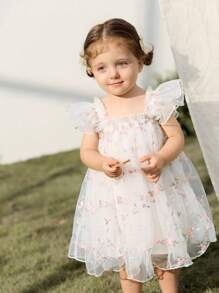 Cozy Pixies Baby Girl Botanical Floral Print Round Neck Ruffle Trim Waist Dress Baby Butterfly Dress Baby Girl Butterfly Dress Fairy Baby Dress Baby Girl Lace Dress Baby Princess Dress - Multicolor - View 3