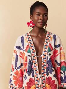 Travachic 波西米亚风印花长款衬衫，落肩袖设计，适合新年、婚礼宾客、优雅毕业典礼、休闲场合和秋季穿着。 - 彩色 - 查看 5