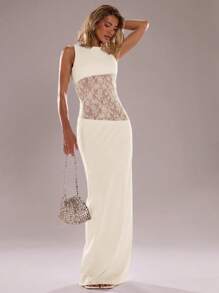 SHEIN BAE 女式黑色蕾丝拼布不对称无袖紧身连衣裙，性感度假透视连衣裙 - 杏色 - 查看 3