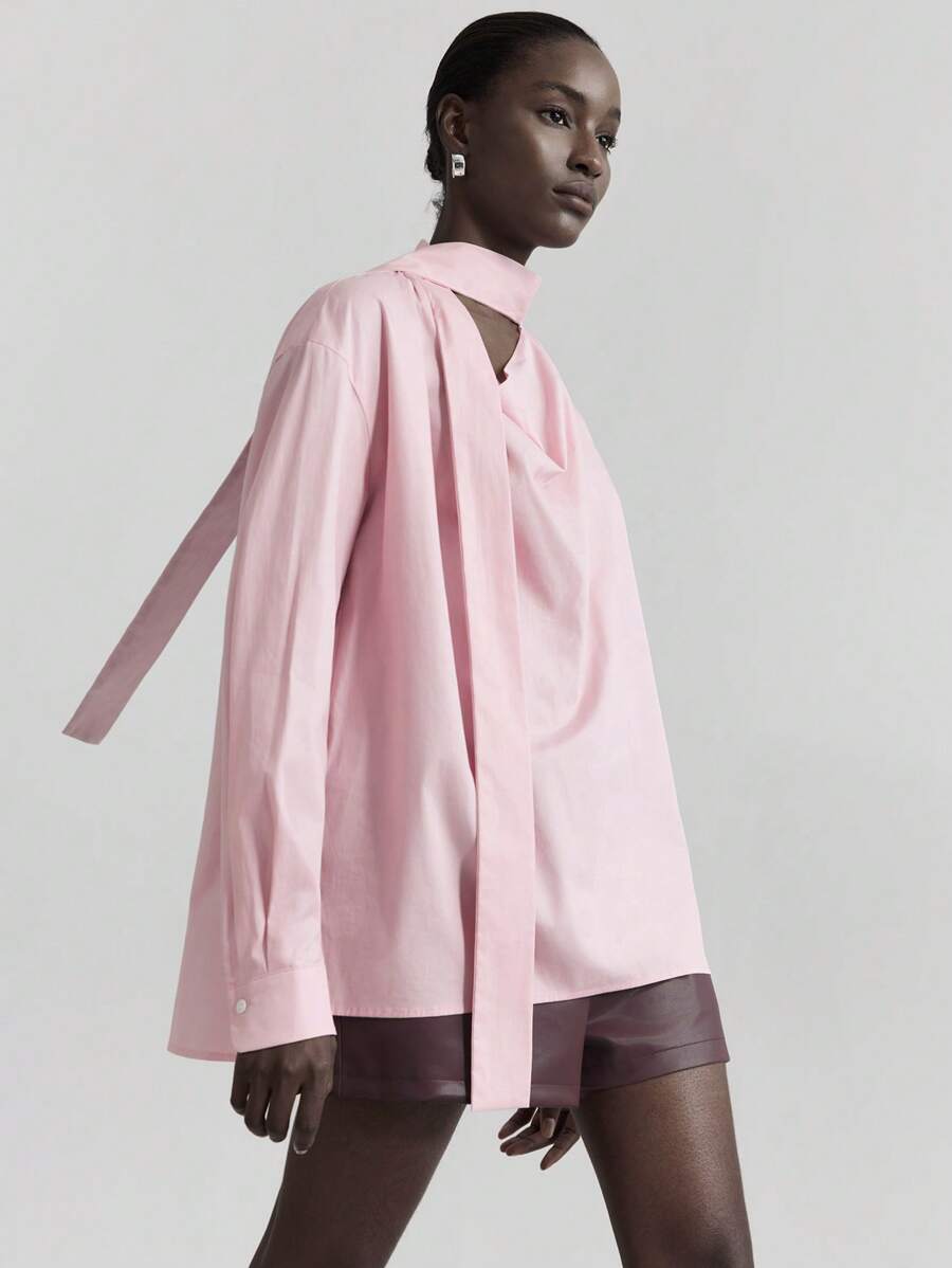 Ontre Modern Urban Style Minimalist Comfort Design Pink Women's Blouse, Long Sleeve Side Slit, Lapel Collar Blouse, Casual Daily/Commuting/Leisure Wear, Business Casual, 2025 New Arrival, Early Autumn - Pink - View 1