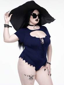 ROMWE Plus Size Gothic Summer Beach Bat Hem Collar Hollow Bodysuit For Women, Navy Blue - Navy Blue - View 5