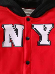 Young Boy Letter Print Patchwork Hooded Jacket, Cool , Autumn Winter Varsity Jacket - Multicolor - View 5