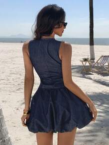 DAZY 2pcs/Set Women Summer V-Neck Sleeveless Top & Floral Mini Skirt Casual Denim Suit - Dark Wash - View 4