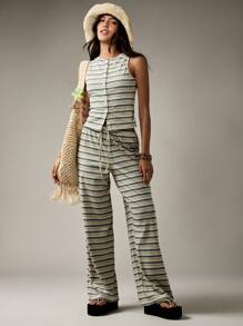 MISSGUIDED Conjunto de coordinado de pantalones anchos de canalé con botones delanteros a rayas, ropa de playa y descanso para vacaciones de verano - Multicolor - Ver 1