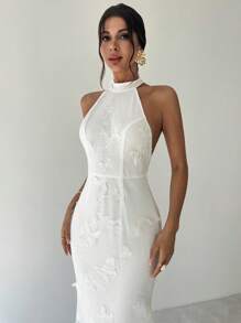 Firerie 女士优雅浪漫精致约会派对节日舞会礼服，蝴蝶 3D 网眼无袖露背白色长裙，毕业礼服 - 白色 - 查看 3