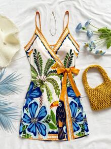 Soleia Women's Vacation Tropical Palm Tree & Leaf Spaghetti Strap Mini Wrap Dress Aloha Outfits Women Print - Multicolor - View 3