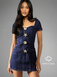 MISSGUIDED 迷你牛仔连衣裙贝壳和金色纽扣设计后拉链夏季时尚修身廓形派对俱乐部连衣裙 - 深色水洗藍 - 查看 7