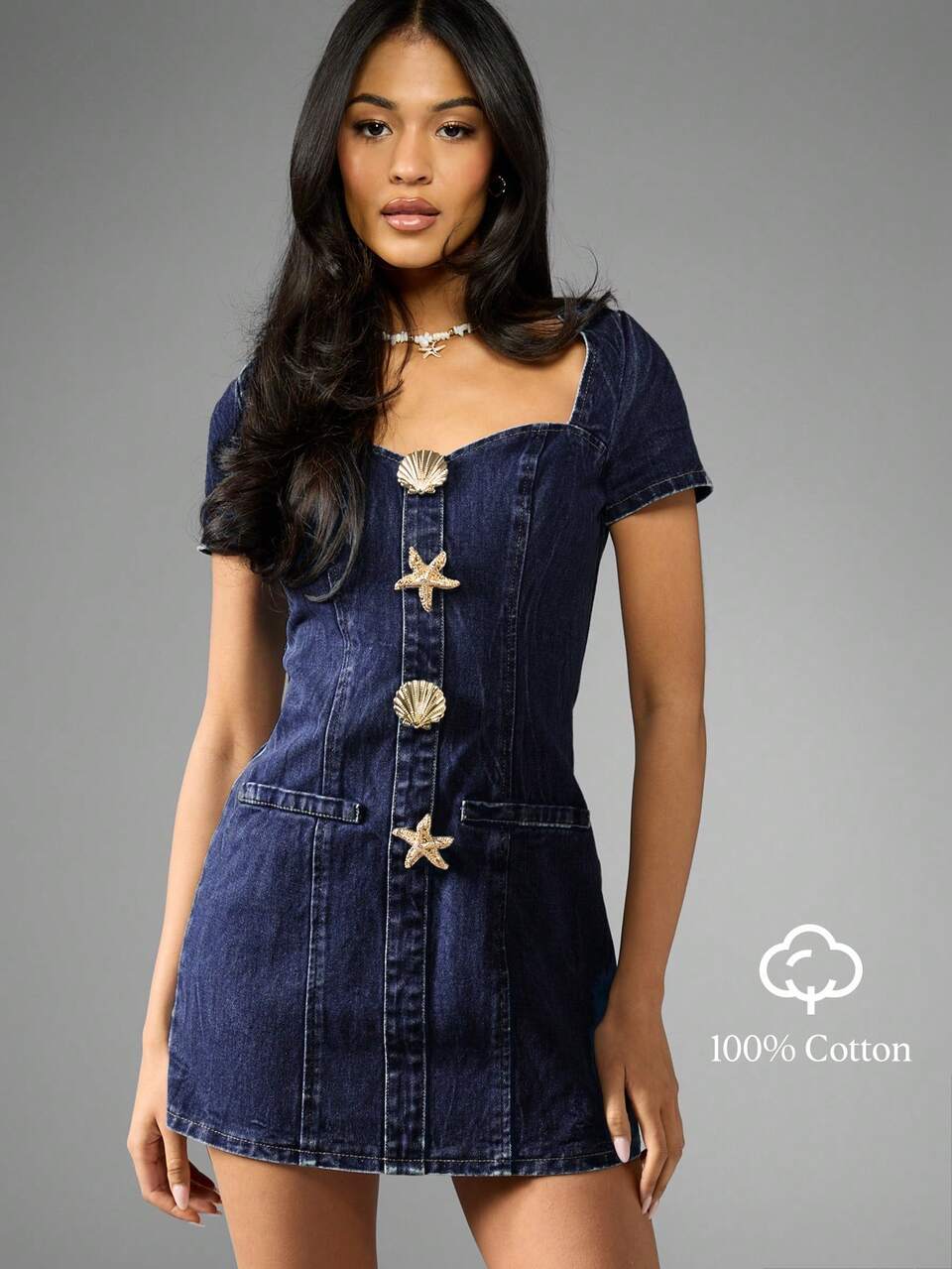 MISSGUIDED Mini Denim Dress Shell And Gold Button Design Back Zipper Summer Fashion Fitted Silhouette Party Club Dress