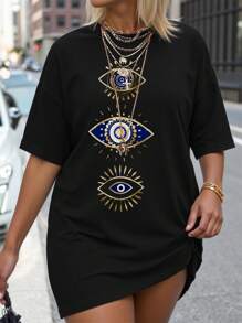 SHEIN LUNE Plus Size Women's Eye Printed Round Neck T-Shirt Graphic Tees Women Tops - Black - View 1