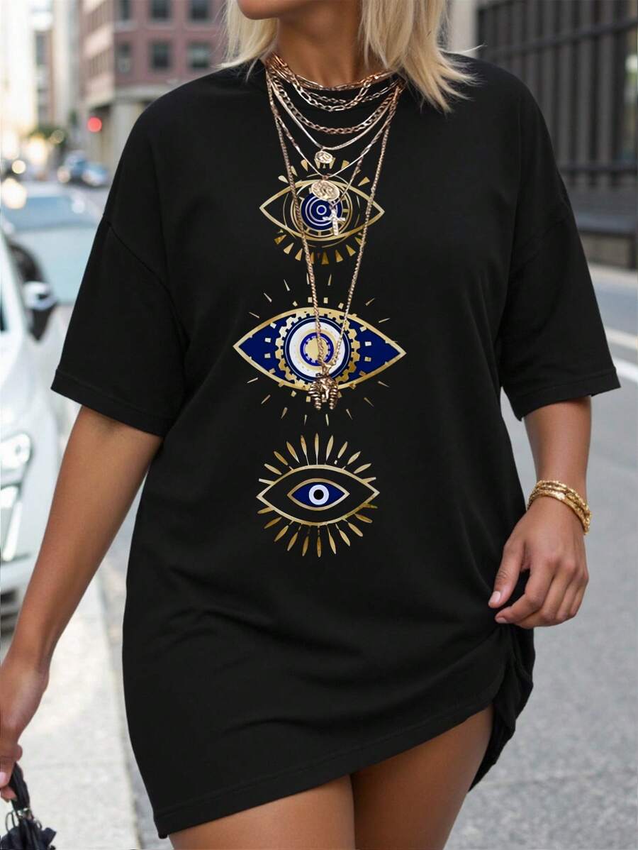 SHEIN LUNE Plus Size Women's Eye Printed Round Neck T-Shirt Graphic Tees Women Tops - Black - View 1
