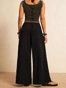 Freevana 大码白色纹理面料休闲阔腿裤，带口袋，适合海岛度假、情人节 - 黑色 - 查看 2