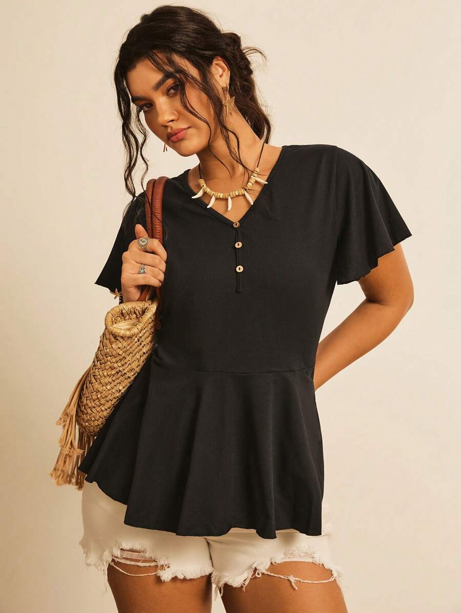 SHEIN VCAY Plus Butterfly Sleeve Peplum Tee - Black - View 1