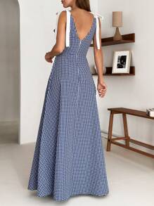 SHEIN Vestido largo de mujer para primavera y verano con hombros con lazo, alegre, para viaje y vacaciones, estampado de cuadriculado, corte evasé
