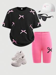 Conjunto de 2 peças de camiseta e shorts de ciclismo skinny com estampa de laço contrastante para meninas adolescentes, para a volta às aulas e cheio de estilo para meninas