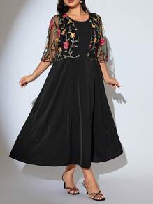 Modelyn 2 件套大码女式花卉刺绣网眼七分袖夹克和连衣裙，优雅 - 黑色 - 查看 2