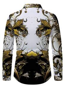 Manfinity AFTRDRK 男士复古花卉图案印花长袖衬衫，适合春秋季节，休闲舒适衬衫可作为礼物，男士真丝衬衫，男士奢华衬衫，男士设计师衬衫，黑色和金色正装衬衫。送给男朋友或丈夫的绝佳礼物。 - 彩色 - 查看 2