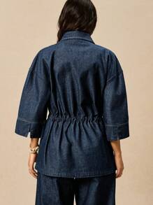 Easelle Denim Regular Jacket Long Waisted Jacket Spring And Autumn, Back To School, Vintage, Fall Women Clothes, Streetwear - Dark Wash - View 2