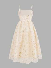 SHEIN Leap Crew Tween Girl Elegant Floral Embroidery Splicing Mesh Cami Midi Dress - Mustard Yellow - View 2