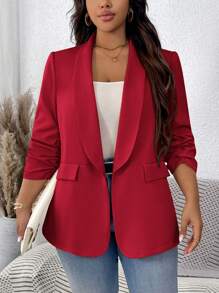 SHEIN LUNE Áo khoác blazer nữ màu trơn cổ tròn tay nhún thường ngày cỡ lớn Áo khoác blazer nữ màu đỏ Áo khoác blazer nữ màu đỏ Áo khoác vest màu đỏ cho mùa thu/đông - Đỏ - Xem 8