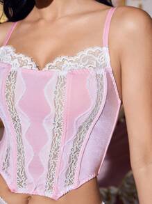 FairyFlirt 2pcs Kawaii Lolita Satin Floral Lace Criss-Cross Corset Set, Pink & White - Pink - View 4