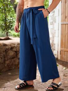 Manfinity Homme 秋季大码男士纯色系腰斜口袋锥形休闲裤 - 寶藍色 - 查看 4