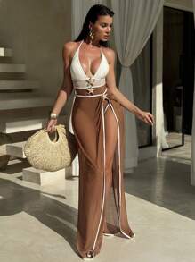 Swim SXY Set da 2 pezzi nuovo costume da bagno intero estivo multicolore con spalline annodate, schiena scoperta, per festa e spiaggia, con kimono lungo e gonna sarong, set da spiaggia per donna