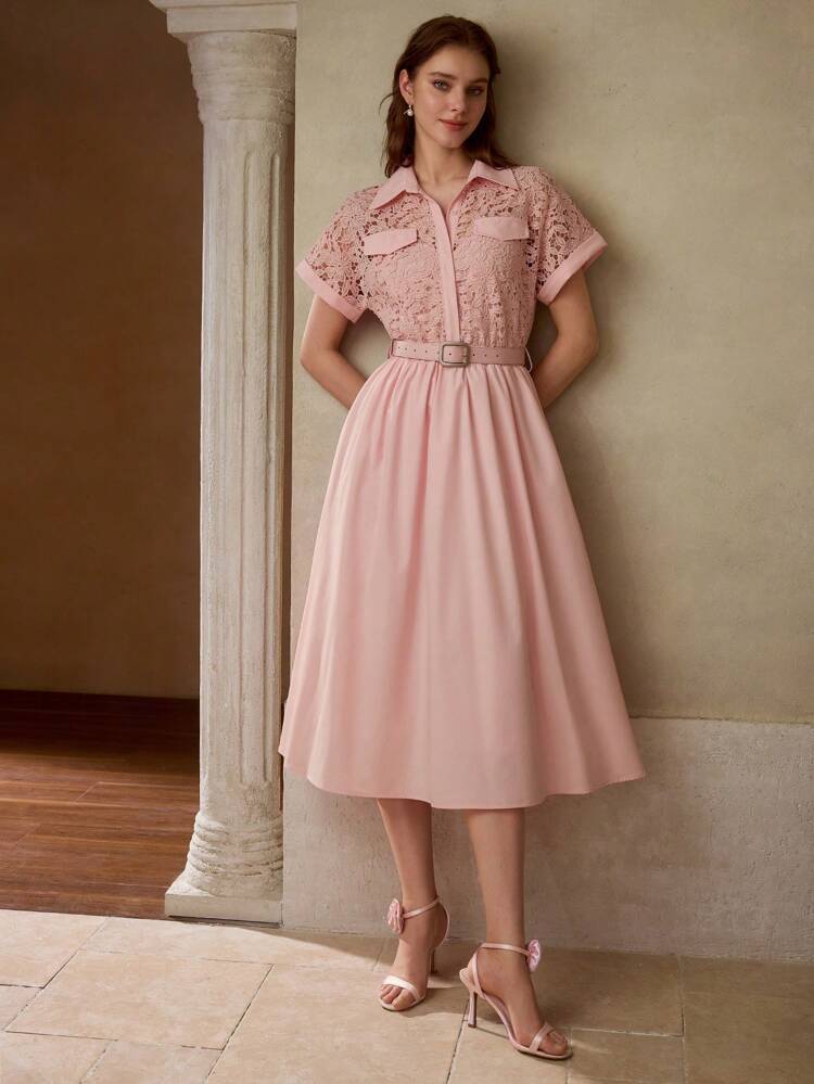 GUIPURE LACE BODICE BUCKLE BELTED MIDI SHIRT DRESS