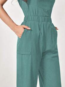 TaskEZ Solid Color Notched Neck Short Sleeve Top And Pocket Shorts Scrub Uniform Set - Green - View 8