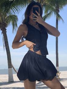 DAZY 2pcs/Set Women Summer V-Neck Sleeveless Top & Floral Mini Skirt Casual Denim Suit - Dark Wash - View 5