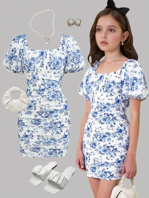 Girlism Rochie mini pentru fete preadolescente, cu imprimeu floral, din plasă, strat dublu, tricotată, cu mâneci bufante și croială în V, potrivită pentru vară