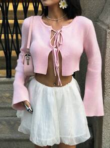 Jouncy Women's Casual Solid Color Tie Front Crop Cardigan With Flare Sleeves Fall Winter Cloth For Women - Pink - View 1