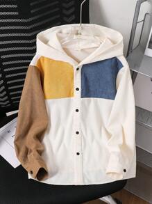 1 Piece Tween Boy 休闲运动学院艺术风格复古宽松版型灯芯绒材质面料多色拼接连帽长袖衬衫适合返校适合生日派对、晚会、表演、婚礼、洗礼、开幕式日常适合日常使用适合上学适合旅行适合运动适合春夏秋季 - 卡其色 - 查看 4