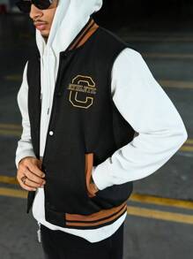 Manfinity Homme 男士秋冬休闲撞色条纹背心 男士运动夹克 棒球夹克 男士橄榄球夹克 运动夹克 男士无袖橄榄球夹克 - 黑色 - 查看 4