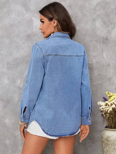 EMERY ROSE Mature Denim Women's Single-Breasted Roll-Up Sleeve Loose Denim Casual Top, Fall Women Clothes