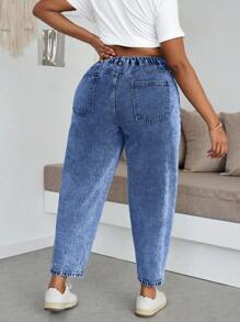 Slaydiva Plus Size Women Pockets Ripped Cone Leg Casual Jeans, Versatile - Dark Wash - View 2