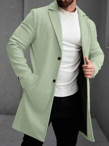 Manfinity Homme 男士纯色翻领长袖休闲长款羊毛绿色大衣，秋季 - 薄荷綠 - 查看 6