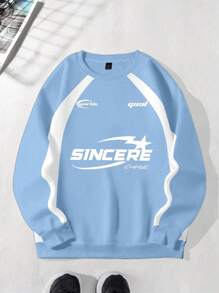 Manfinity Roghcode Men's Letter Print Round Neck Raglan Long Sleeve Pullover Light Blue Sweatshirt Streetwear 90s Style Sweatshirt, Men's Casual Sweatshirt, Graphic Sweatshirt , Fall