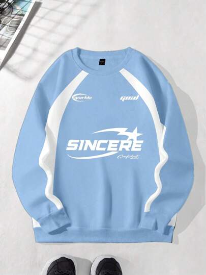 Manfinity Roghcode Men's Letter Print Round Neck Raglan Long Sleeve Pullover Light Blue Sweatshirt Streetwear 90s Style Sweatshirt, Men's Casual Sweatshirt, Graphic Sweatshirt , Fall